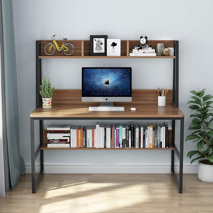 Tribesigns Computer Desk with Hutch, 47 inches Home Office Desk with Space Saving Design with Bookshelf for Small Spaces (Dark Walnut, 47) - LeafyLoom