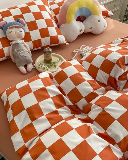 Wellboo Orange White Plaid Comforter Sets Queen Women Girls Light Red Checkerboard Bedding Comforters Cotton Rust Caramel and White Checkered Geometric Quilts Adults Modern Grid Abstract Simple Bed - LeafyLoom