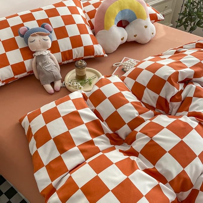 Wellboo Orange White Plaid Comforter Sets Queen Women Girls Light Red Checkerboard Bedding Comforters Cotton Rust Caramel and White Checkered Geometric Quilts Adults Modern Grid Abstract Simple Bed - LeafyLoom
