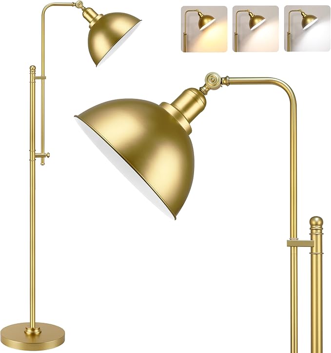 PARTPHONER Industrial Floor Lamp Adjustable, Rustic Farmhouse Reading Lamp in Aged Gold Finish, Modern Standing Lamp with Remote Control Metal Shade for Living Room Bedroom Study Room Office Hotel - LeafyLoom