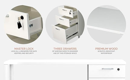 Milano Home Office Desk - 47 Inch White/White Home Office Desk with Drawers - Modern Computer Desk with Storage, Detachable & Lockable Computer Cabinet - Wooden Office, Study, and Writing Table - LeafyLoom