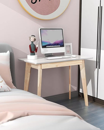 TaoHFE White Vanity Desk with Solid Rubber Wood Legs Glossy White 39 Inch Vanity Table Computer Desk for Home Small Spaces Girl Makeup Desk Modern Vanity Desk No Mirror Dressing Table for Bedroom - LeafyLoom