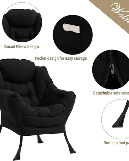 Welnow Lazy Chair with Ottoman, Modern Lounge Accent Chair with Armrests and a Side Pocket, Leisure Sofa Chair Set, Reading Chair with Footrest for Small Space, Corner Chair, Black - LeafyLoom