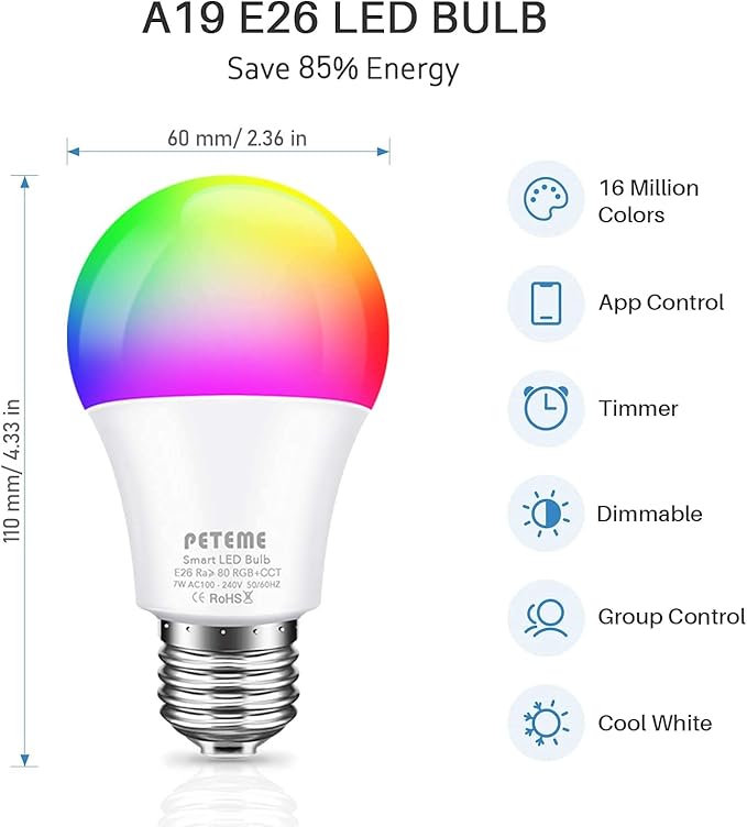 Peteme Smart WiFi Light Bulbs, Led RGB Color Changing Bulbs Compatible with Alexa, Siri,Echo, Google Home, A19 E26 60W Smart Bulbs 1 Pack Peteme