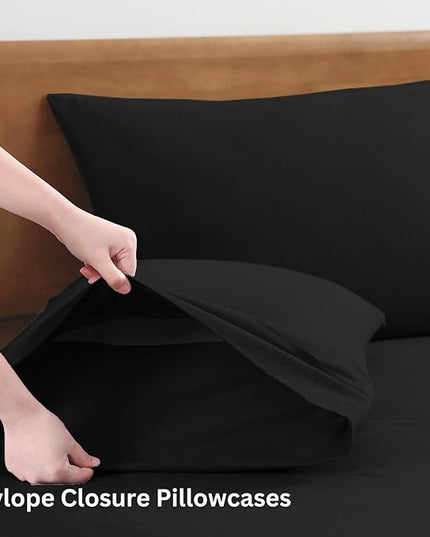 LANE LINEN 100% Organic Cotton Twin Bed Sheet Set, 3 Pc Twin Size Sheets Set, Soft & Breathable Twin Sheet Set Boys, Hotel Style Bedding Sheets & Pillowcases, 15" Deep Twin Fitted Sheet - Black - LeafyLoom