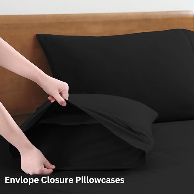 LANE LINEN 100% Organic Cotton Twin Bed Sheet Set, 3 Pc Twin Size Sheets Set, Soft & Breathable Twin Sheet Set Boys, Hotel Style Bedding Sheets & Pillowcases, 15" Deep Twin Fitted Sheet - Black - LeafyLoom