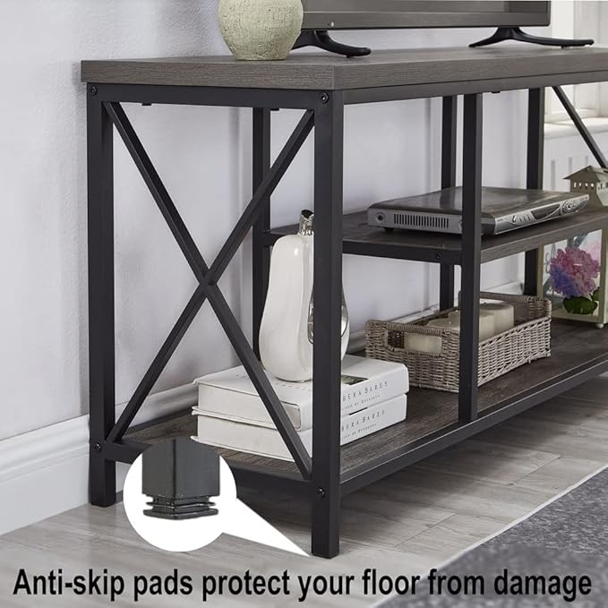 55 inch TV Stand for TV up to 65 inch, Rustic Wood and Metal Media TV Console Table for Living Room, Grey - LeafyLoom