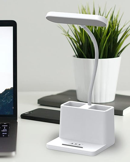 AXX Small Desk Lamps for Home Office, White Desk Light for Kids, LED Desktop/Computer Study Lamps for Bedrooms, Rechargeable, Pen Holder, Mini, Adjustable Gooseneck Table Lamp for College Dorm Room - LeafyLoom