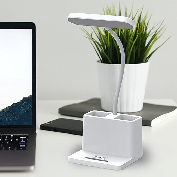 AXX Small Desk Lamps for Home Office, White Desk Light for Kids, LED Desktop/Computer Study Lamps for Bedrooms, Rechargeable, Pen Holder, Mini, Adjustable Gooseneck Table Lamp for College Dorm Room - LeafyLoom