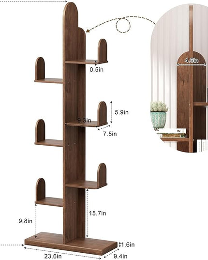 Cactus Bookshelf, Tree Bookshelf for Bedroom, Solid Wood Geometric Bookcase, Spine Bookshelf and Book Tower with Living Room, Walnut - LeafyLoom