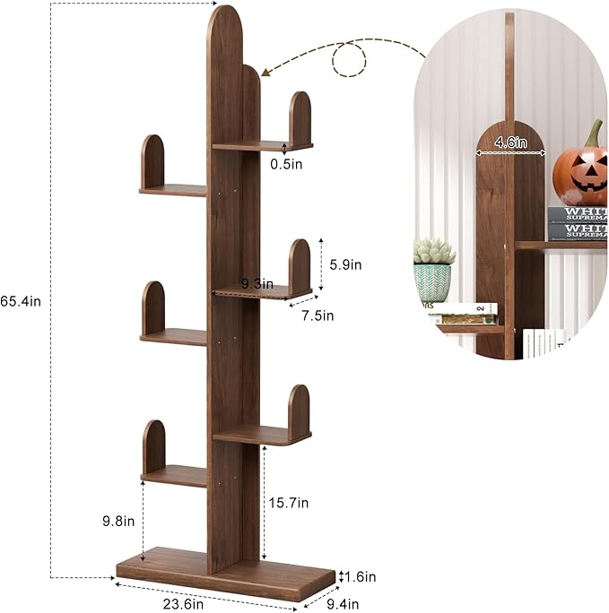 Cactus Bookshelf, Tree Bookshelf for Bedroom, Solid Wood Geometric Bookcase, Spine Bookshelf and Book Tower with Living Room, Walnut - LeafyLoom