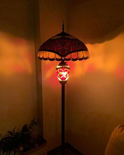 Bieye L10867 Baroque Tiffany Style Stained Glass Double Lit Floor Lamp for Home Decor 64-inch Tall (18-inch Wide, Red) - LeafyLoom