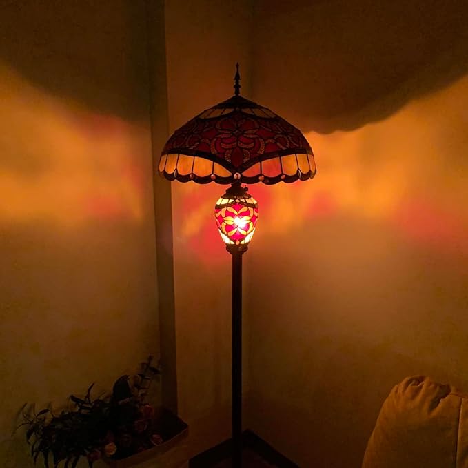 Bieye L10867 Baroque Tiffany Style Stained Glass Double Lit Floor Lamp for Home Decor 64-inch Tall (18-inch Wide, Red) - LeafyLoom