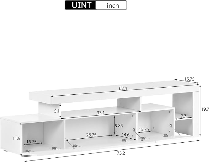 Merax Modern Style 16-Colored LED Lights TV Cabinet Up to 70 inch Television, UV High Gloss Surface Entertainment Center with DVD Shelf, 73.2" Length, White - LeafyLoom