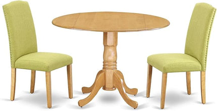 East West Furniture Dublin 3 Piece Kitchen Set Contains a Round Room Table with Dropleaf and 2 Limelight Linen Fabric Parson Dining Chairs, 42x42 Inch, DLEN3-OAK-07 - LeafyLoom