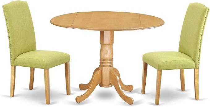 East West Furniture Dublin 3 Piece Kitchen Set Contains a Round Room Table with Dropleaf and 2 Limelight Linen Fabric Parson Dining Chairs, 42x42 Inch, DLEN3-OAK-07 - LeafyLoom