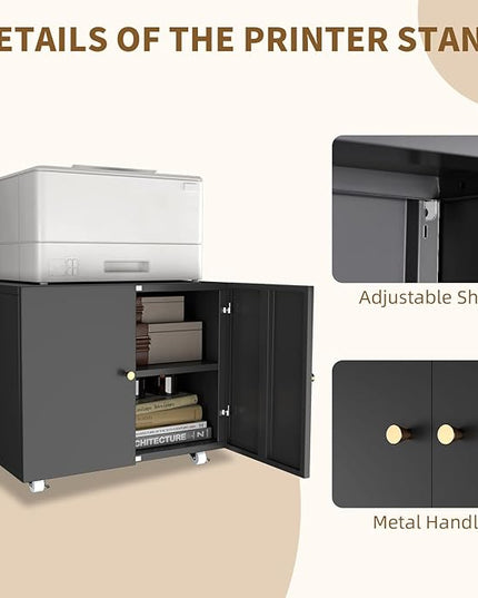 Printer Stands with Storage, Lateral Filing Cabinet for Home Office, Desk Organizers for Home Workspace, Lockable Wheels for Home Office, Scanner, Fax, Computer - LeafyLoom