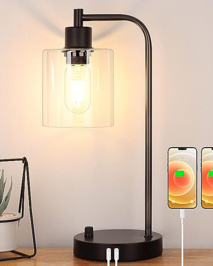 Industrial Table Lamp with 2 USB Charging Ports, Fully Stepless Dimmable Modern Nightstand Lamp, Glass Shade Bedside Desk Lamp for Bedroom Living Room Office, 6W 2700K LED Edison Bulb Included - LeafyLoom