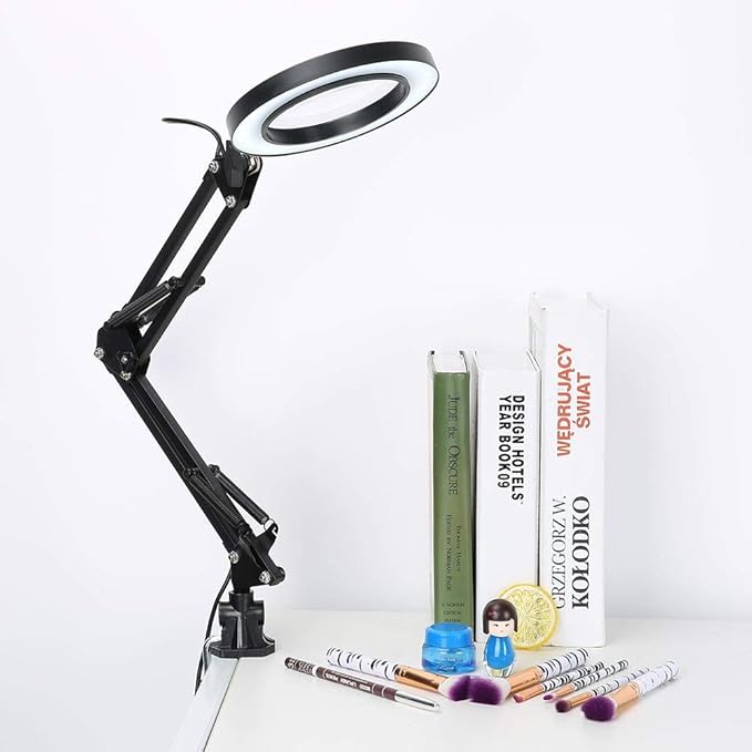 LED Magnifying Lamp with Clamp, 5X Magnifier Glass Light Lens, USB Dimmable Desk lamp for Table Craft or Workbench - LeafyLoom