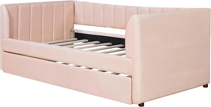 Twin Size Upholstered Velvet Daybed with Trundle,Wood Bed Frame w/ 2 Armrests,Slat Support,No Box Spring Needed,for Small Living Spaces and Accommodating Guests,Pink - LeafyLoom