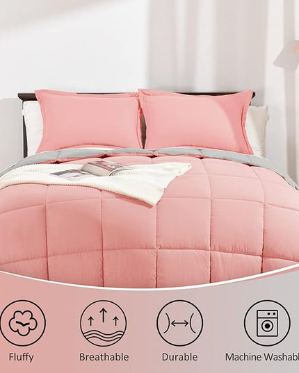 Basic Beyond King Size Comforter Set - Fluffy King Bed Comforter Set for All Seasons - Reversible Pink and Grey Comforter Set King - 3 Pieces (1 Comforter + 2 Pillow Shams) - LeafyLoom