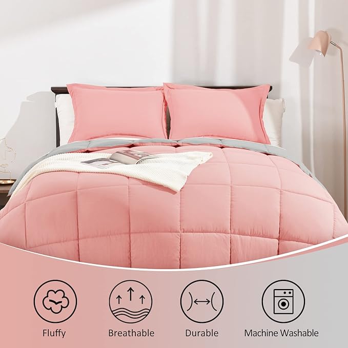 Basic Beyond Queen Comforter Set - Fluffy Comforter Queen Set for All Seasons - Reversible Pink Comforter Set Queen for Mens - 3 Pieces (1 Comforter + 2 Pillow Shams) - Pink/Grey - LeafyLoom
