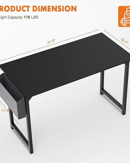 Sweetcrispy Computer 31 Inch Writing Office Small Space Desk Study Modern Simple Style Work Table with Storage Bag Headphone Hook Metal Frame for Home, Bedroom, 31-Inch, Black - LeafyLoom
