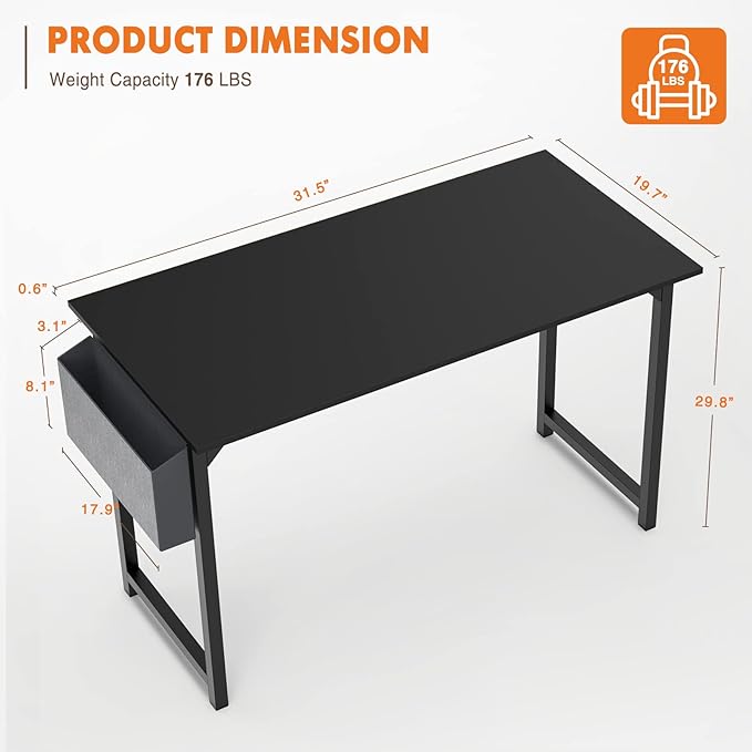 Sweetcrispy Computer 31 Inch Writing Office Small Space Desk Study Modern Simple Style Work Table with Storage Bag Headphone Hook Metal Frame for Home, Bedroom, 31-Inch, Black - LeafyLoom