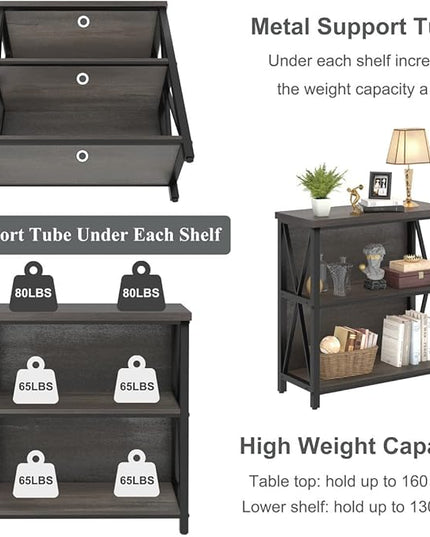 FATORRI Rustic Short 2 Shelf Bookshelf, Industrial Low Wood Bookcase, Farmhouse Small Book Case for Small Space (Walnut Brown) - LeafyLoom