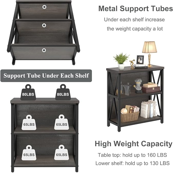 FATORRI Rustic Short 2 Shelf Bookshelf, Industrial Low Wood Bookcase, Farmhouse Small Book Case for Small Space (Walnut Brown) - LeafyLoom