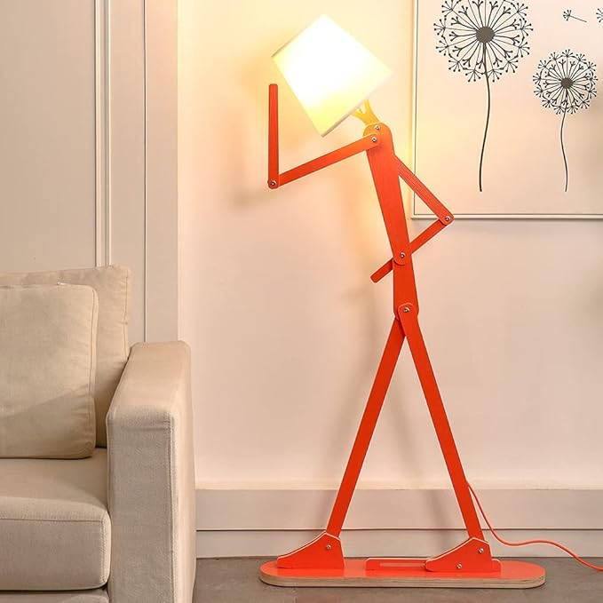 Cool Creative Floor Lamps Wood Tall Decorative Corner Reading Standing Swing Arm Light for Living Room Bedroom Office Farmhouse Kids Boys Girls Gift - with LED Bulb (Orange) - LeafyLoom