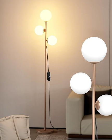 Mid Century Modern Floor Lamp for Living Room Easy to Install, 3 Globe Lights Tall Gold Floor Lamp with Glass Shades and Bulbs, Dimmable Standing Lamp Vintage Floor Lamps for Bedroom Office - LeafyLoom