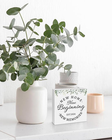 Creoate Housewarming Gifts New Home Decor New Home New Memories Wooden Box Sign Rustic Housewarming White Block Sign Home Décor Accents Living Room Shelf Desk Decoration 5.9 x 5.9 Inches Gift (White) - LeafyLoom