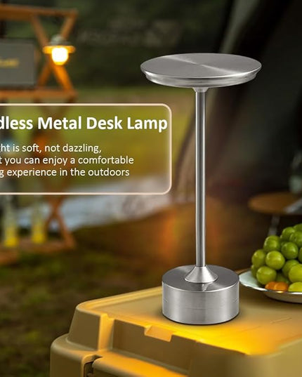 Cordless Metal Desk Lamp, Touch Sensor Control LED Table Lamp,3 Color Stepless Dimmable Battery Powered Lamp,Night Light for Kids Nursery,Bedroom/Desk/Cafe (Silver) - LeafyLoom
