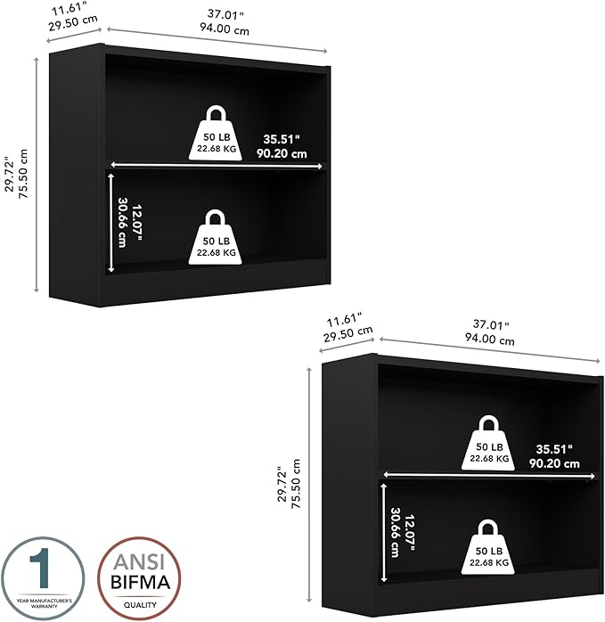 Bush Furniture Universal Small 2 Shelf Bookcase in Black - Set of 2, Matching Storage and Display Bookshelves for Home Office or Living Room Organization - LeafyLoom