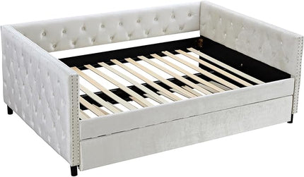 Full Size Velvet Upholstered Daybed with Trundle, Solid Wood Bed w/Button Tufted Backrest, for Living Room, Bedroom, Dorm, No Box Spring Needed, Space-Saving Design - LeafyLoom