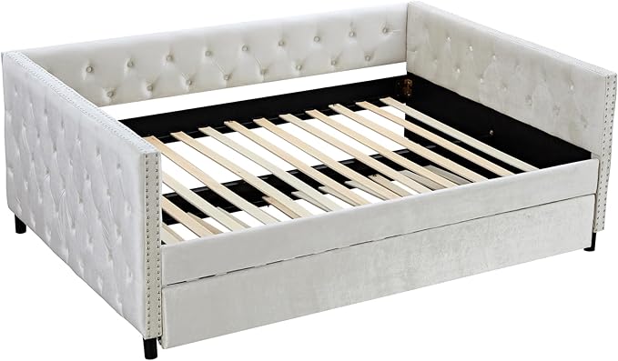 Full Size Velvet Upholstered Daybed with Trundle, Solid Wood Bed w/Button Tufted Backrest, for Living Room, Bedroom, Dorm, No Box Spring Needed, Space-Saving Design - LeafyLoom