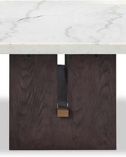 Signature Design by Ashley Burkhaus Traditional Rectangular Coffee Table with Marble Tabletop, Dark Brown & White - LeafyLoom