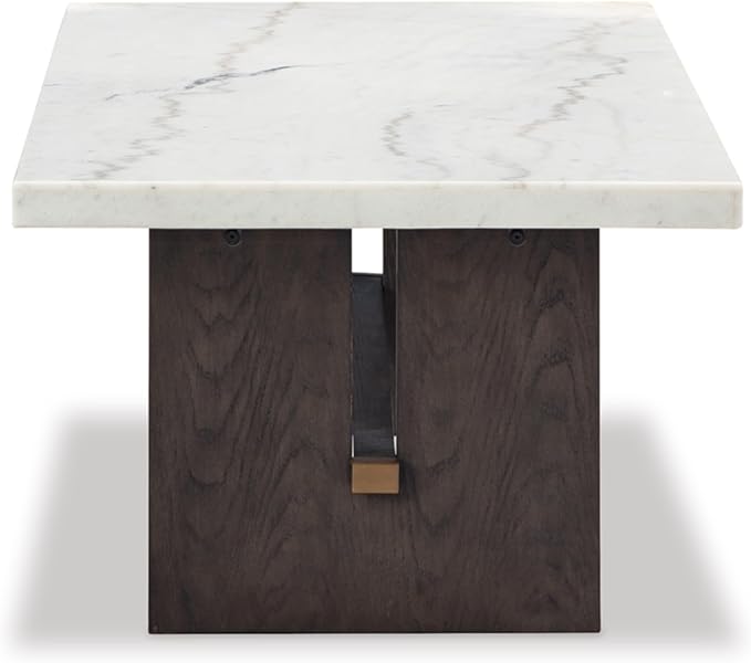 Signature Design by Ashley Burkhaus Traditional Rectangular Coffee Table with Marble Tabletop, Dark Brown & White - LeafyLoom