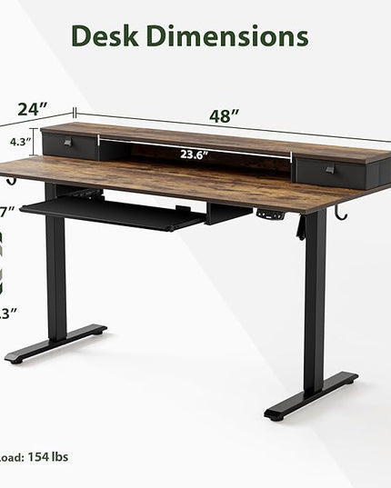 Electric Standing Desk with 2 Drawers and Keyboard Tray, 48 x 24 Inches Ergonomic Adjustable Height Desk with Storage, Sit Stand Computer Workstation, Rustic Brown - LeafyLoom