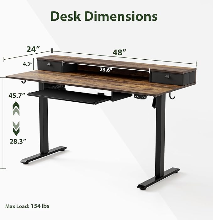 Electric Standing Desk with 2 Drawers and Keyboard Tray, 48 x 24 Inches Ergonomic Adjustable Height Desk with Storage, Sit Stand Computer Workstation, Rustic Brown - LeafyLoom
