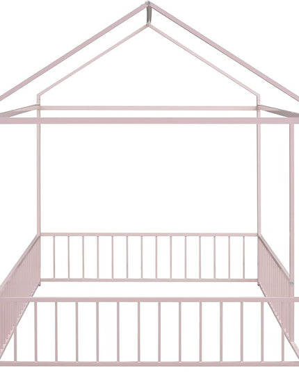 RITSU Full Size Montessori Floor Bed, Metal House Bedframe with Fence, Robust Construction is Used, for Children'S Rooms, Boys Girls, No Box Spring Needed, Easy Assembly, Pink - LeafyLoom