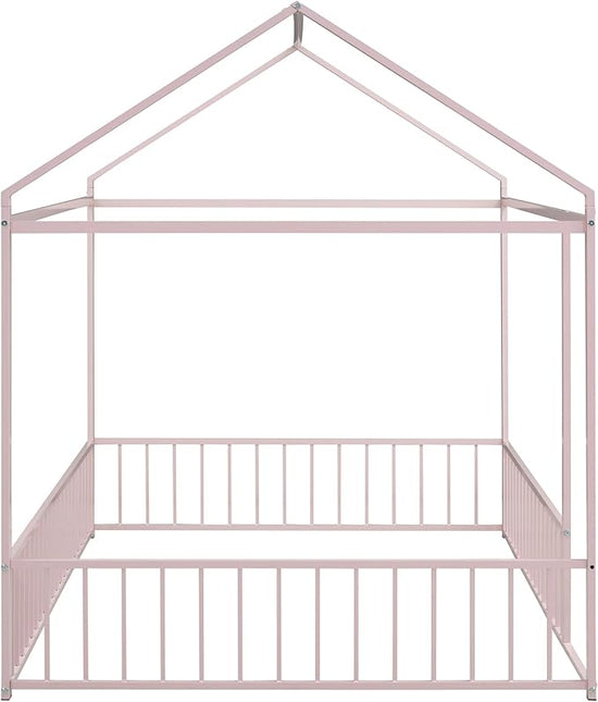 RITSU Full Size Montessori Floor Bed, Metal House Bedframe with Fence, Robust Construction is Used, for Children'S Rooms, Boys Girls, No Box Spring Needed, Easy Assembly, Pink - LeafyLoom