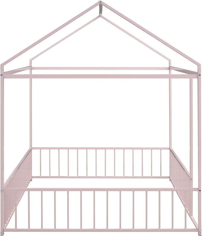 RITSU Full Size Montessori Floor Bed, Metal House Bedframe with Fence, Robust Construction is Used, for Children'S Rooms, Boys Girls, No Box Spring Needed, Easy Assembly, Pink - LeafyLoom