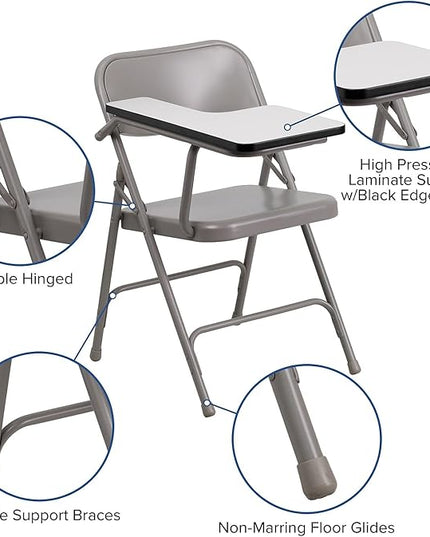 Flash Furniture Rutherford Steel Folding Chair with Right Handed Tablet Arm, Commercial Foldable Conference Room Tablet Arm Chair, Set of 2, Gray - LeafyLoom