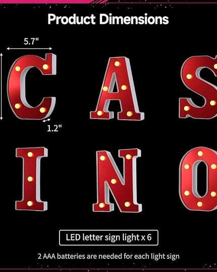 6 PCS Light Up LED Letters Sign Lights, Casino Party Decorations, Battery-Powered Marquee Lighted Signs, Alphabet LED Letter Lights for Night Party Tabletop Decor Supplies - LeafyLoom
