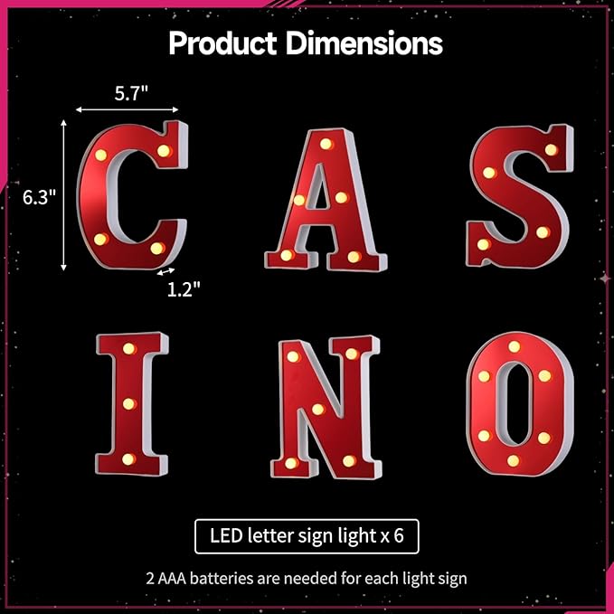 6 PCS Light Up LED Letters Sign Lights, Casino Party Decorations, Battery-Powered Marquee Lighted Signs, Alphabet LED Letter Lights for Night Party Tabletop Decor Supplies - LeafyLoom