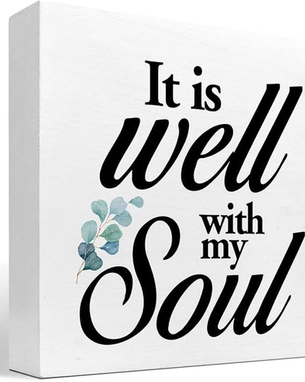 Christian Quote It Is Well With My Soul Wood Box Sign,Holy Bible Quote Decor Desk Sign,Inspirational Song and Hymn Wooden Block Sign for Home Bedroom Office Shelf Tabletop - LeafyLoom