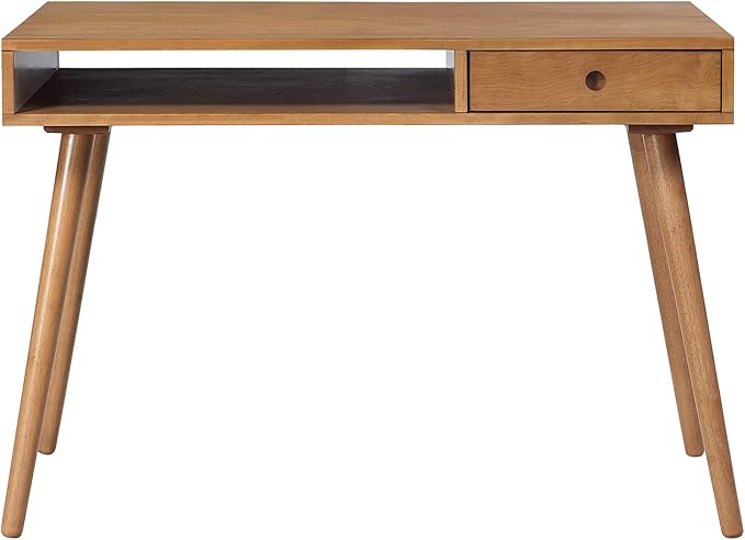 Nathan James Parker Modern Home Office Writing, Computer or Laptop Desk with Open Storage Cubby and Small Drawer, Walnut - LeafyLoom