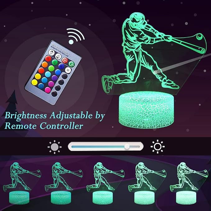 Baseball Player Night Light,3D Illusion Lamp Baseball Player Lights for Kids Room,16 Colors & Flashing Modes with Remote Control Opreated Dimmable Christmas Birthday Gifts for Boys Girls Kids Children - LeafyLoom